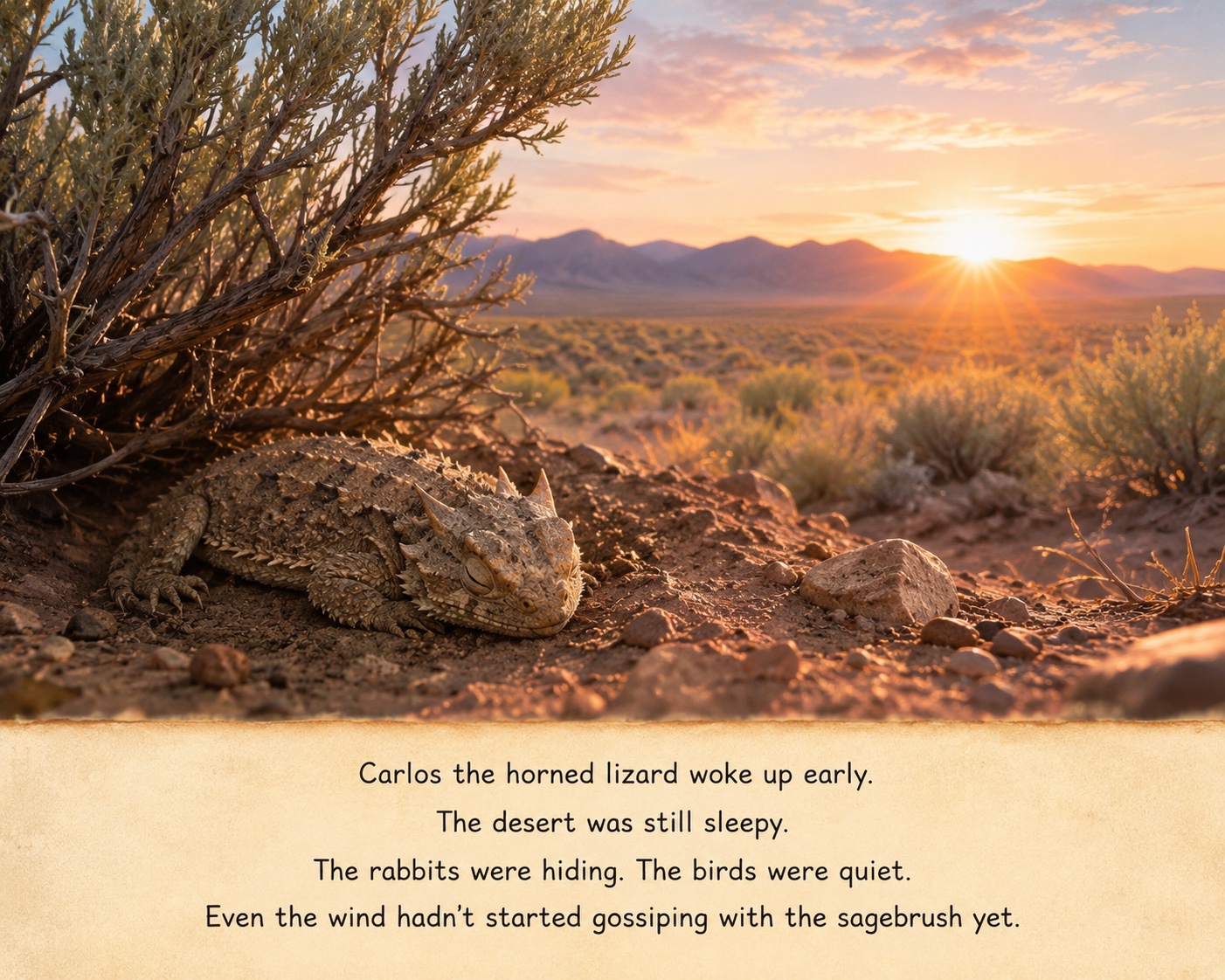 Carlos sleeping beneath sagebrush at sunrise. Story text is available below.