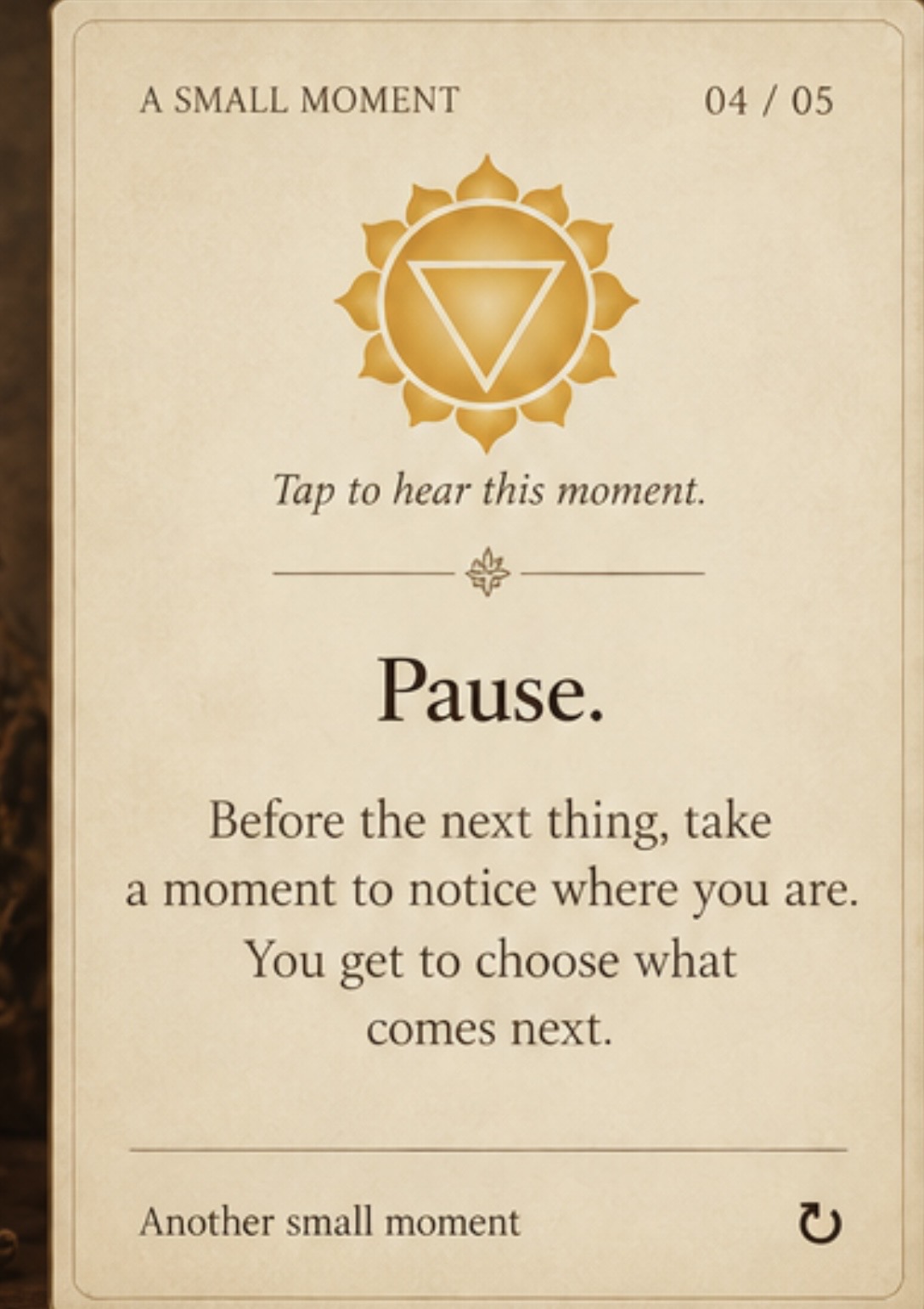 A small moment 4 of 5. Pause. Before the next thing, take a moment to notice where you are. You get to choose what comes next.