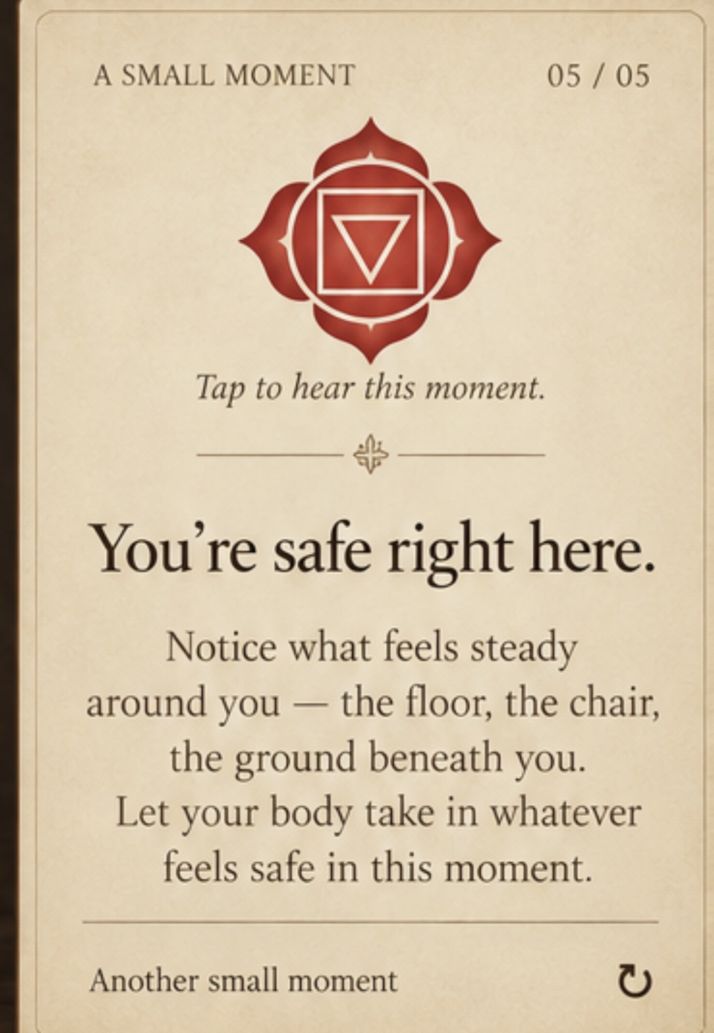 A small moment 5 of 5. You’re safe right here. Notice what feels steady around you — the floor, the chair, the ground beneath you. Let your body take in whatever feels safe in this moment.